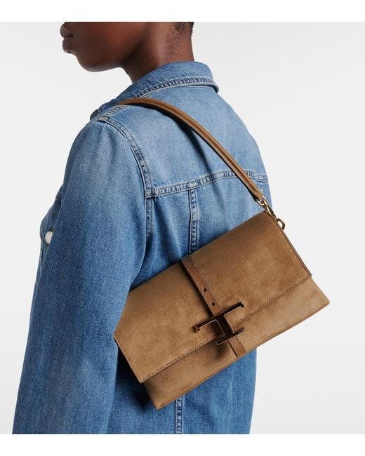 Tod's Brown T Timeless Small Suede Shoulder Bag