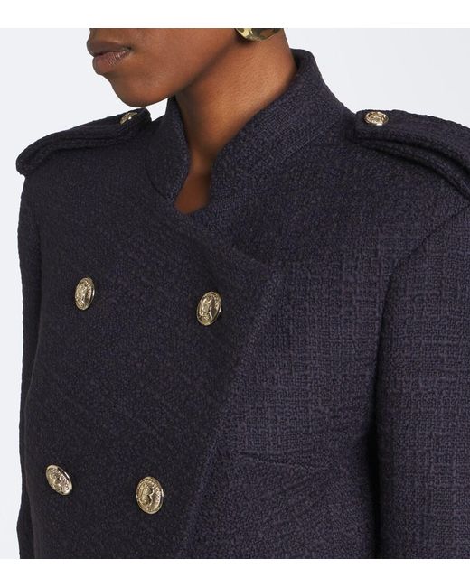 Balmain Blue Double-Breasted Wool-Blend Tweed Jacket