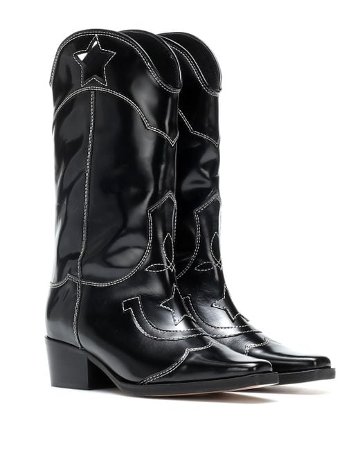 Ganni Black High Texas Leather Cowboy Boots