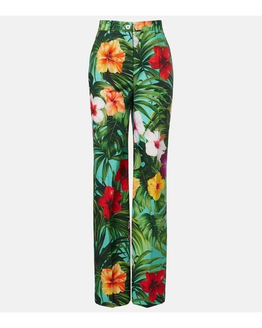Dolce & Gabbana Green Floral Cotton Wide-Leg Pants