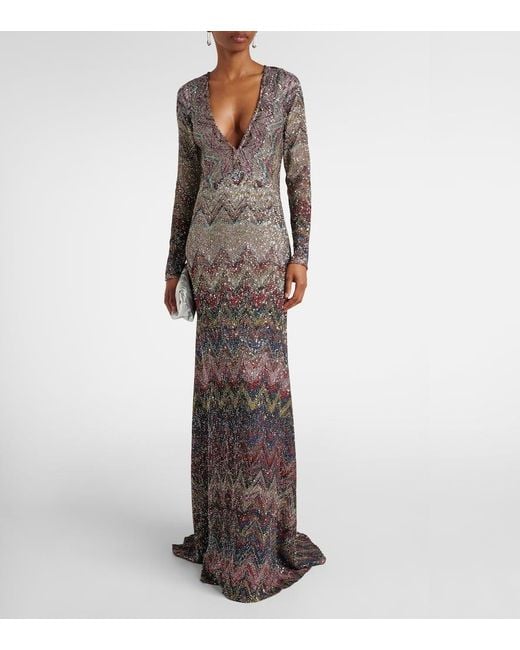 Abito Lungo Con Lame E Paillettes A Zig-Zag di Missoni in Gray