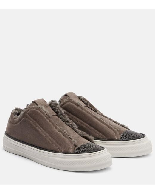 Brunello Cucinelli Brown Monili Suede Slip-On Shoes