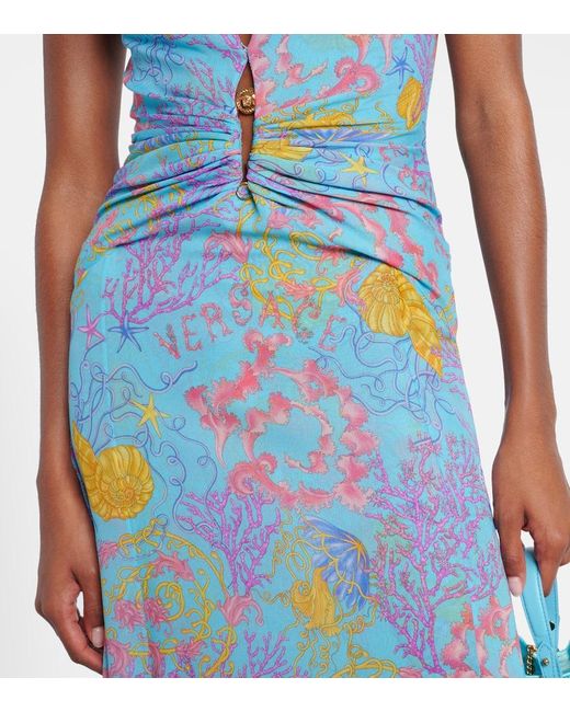 Abito Lungo Con Stampa di Versace in Blue