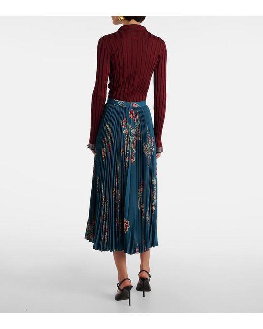 Etro Blue Plisse High-Rise Floral Midi Skirt