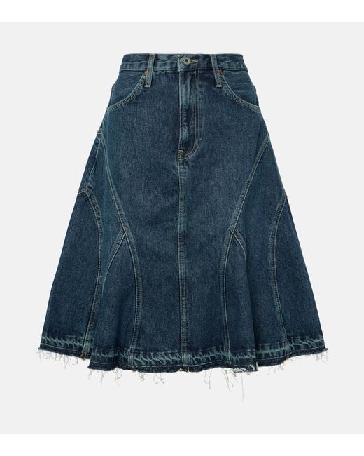 Re/done Blue Pleated Denim Midi Skirt