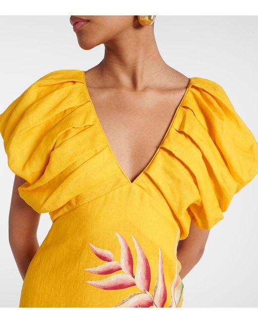 Farm Rio Yellow Spring Awakening Floral Linen Midi Dress