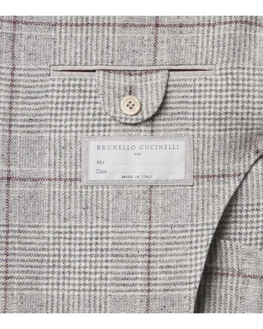 Brunello Cucinelli Gray Checked Silk, Wool, And Cashmere Blazer for men