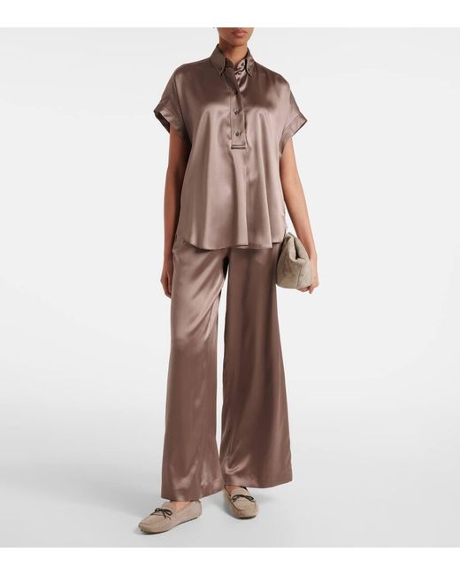 Brunello Cucinelli Brown Silk-Blend Satin Wide-Leg Pants