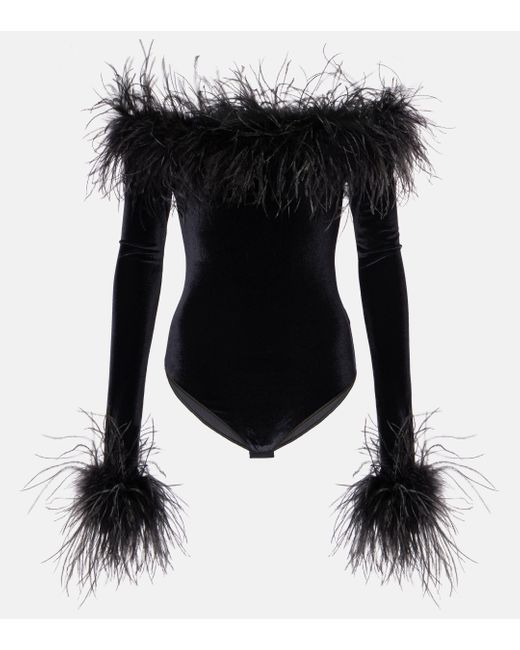 Oseree Black Feather-trimmed Velvet Bodysuit