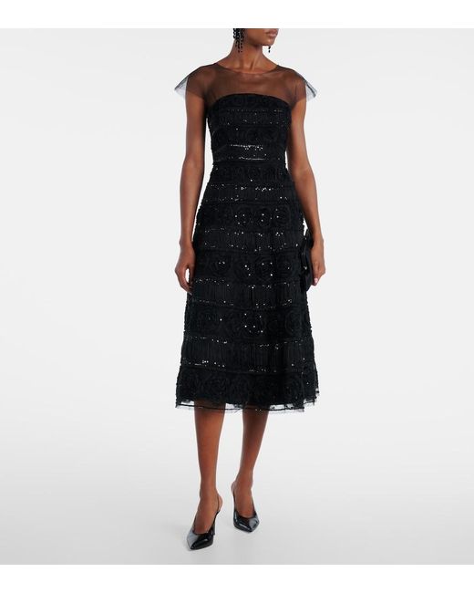 Carolina Herrera Black Floral-Applique Sequined Gown