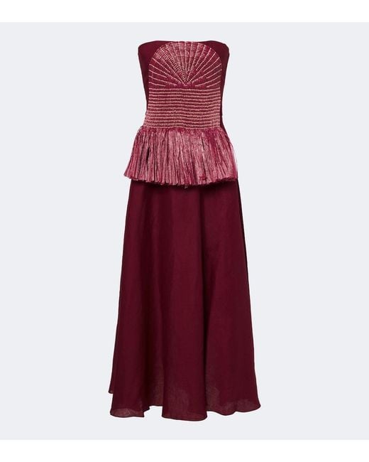 Johanna Ortiz Red Exploring Textures Linen Maxi Dress