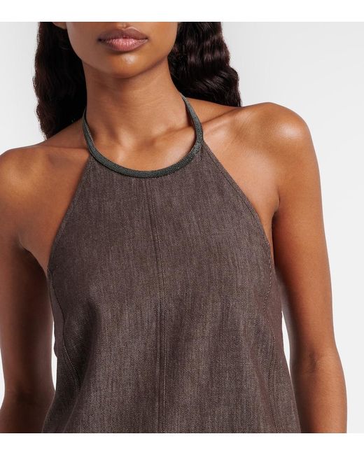 Brunello Cucinelli Brown Halterneck Open-Back Cotton Minidress