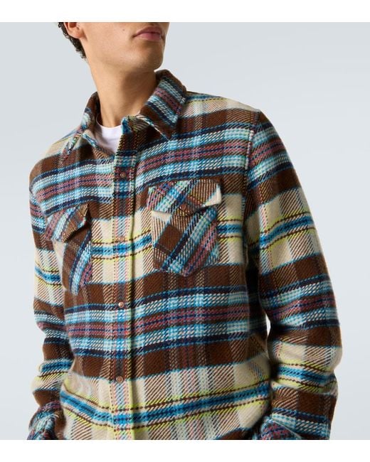 God's True Cashmere Blue Plaid Cashmere Shirt With Sunstone for men