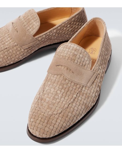 Brunello Cucinelli Natural Woven Suede Penny Loafers for men
