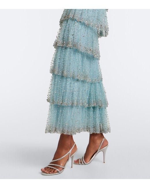 Costarellos Blue Crystal-Embellished Tiered Mesh Gown
