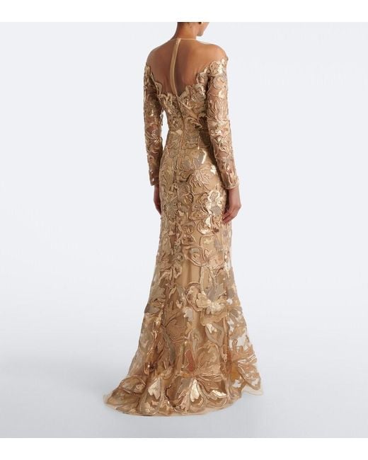 Elie Saab Natural Embroidered Sequined Tulle Gown
