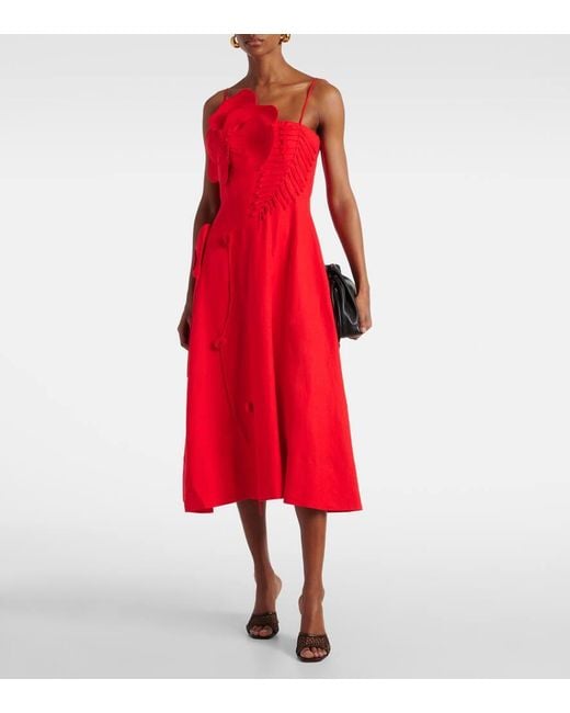 Vestido Midi De Mezcla De Lino Con Aplique Floral Farm Rio de color Red