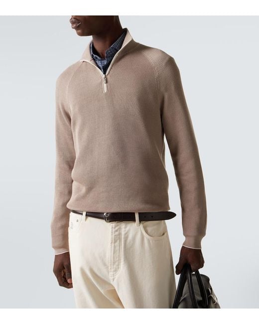 Brunello Cucinelli Brown Cotton Half-Zip Sweater for men