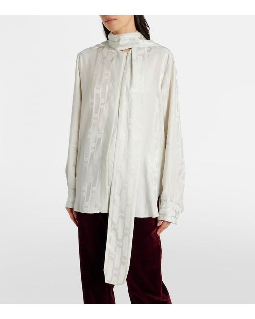 Tod's White Scarf-Detail Satin Jacquard Blouse