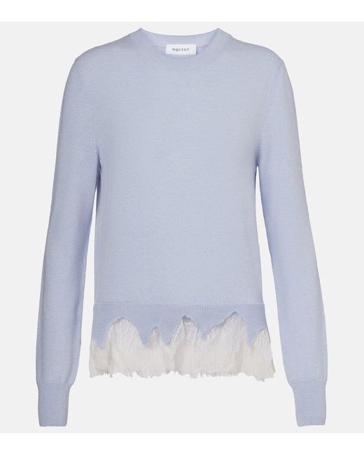 Alexander McQueen Blue Pullover Aus Wolle Und Kaschmir Mit Spitze