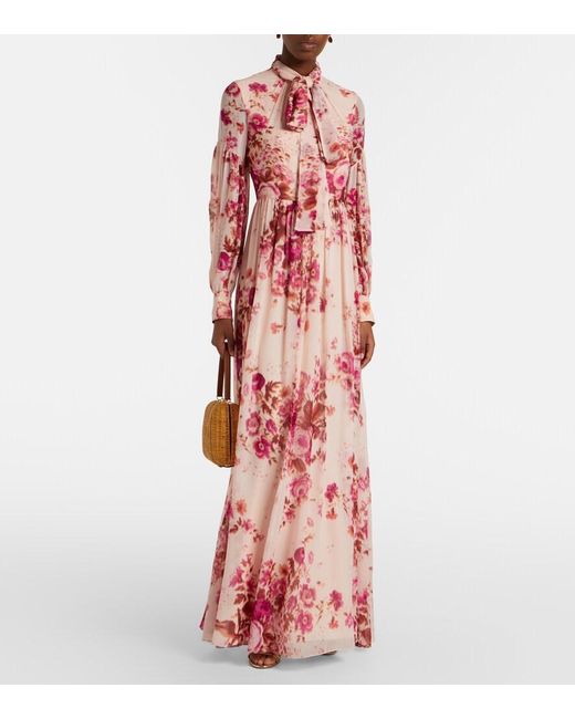 Erdem Red Floral Neck-Tie Silk Voile Gown