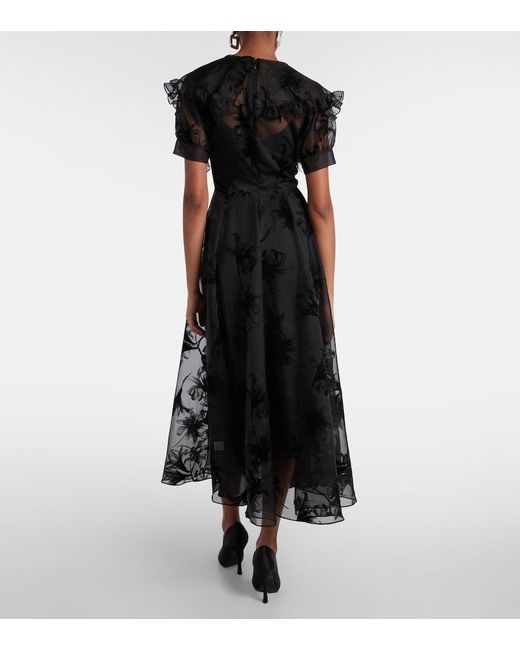 Rodarte Black Ruffled Floral Organza Midi Dress