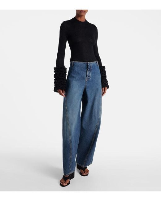 Alaïa Blue Ruffled Sheer Mohair-Blend Top