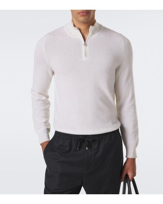 Fedeli White Cashmere Half-Zip Sweater for men
