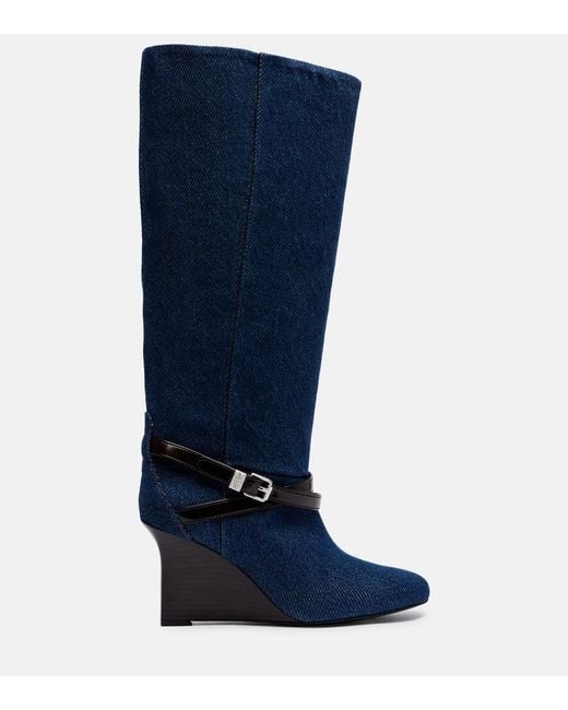 Ganni Blue Kat Denim Knee-High Wedge Boots