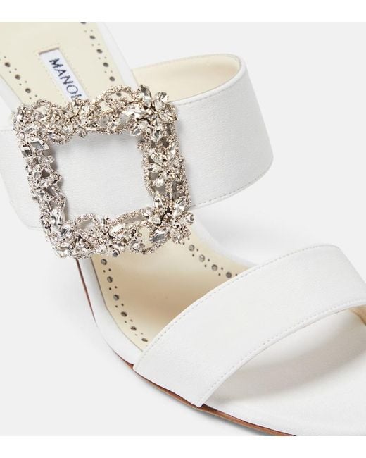 Manolo Blahnik White Gable Jewel Crepe De Chine Mules