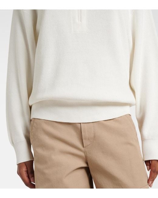 Brunello Cucinelli White Monili Oversized Cotton Half-Zip Sweater