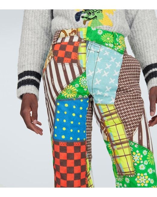 ERL Green Printed Cotton-Blend Flared Pants for men