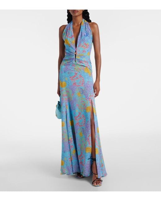 Vestido De Fiesta Estampado Con Cuello Halter Versace de color Blue