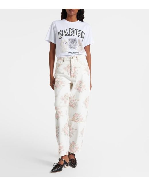 Jean Ample Stary A Fleurs Ganni en coloris White
