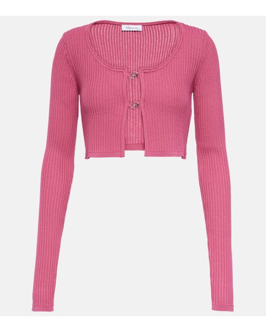 Blumarine Pink Logo Ribbed-knit Cropped Cardigan