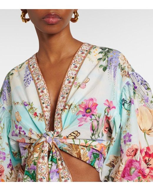 Camilla Multicolor Tie-Front Puff-Sleeve Crop Top