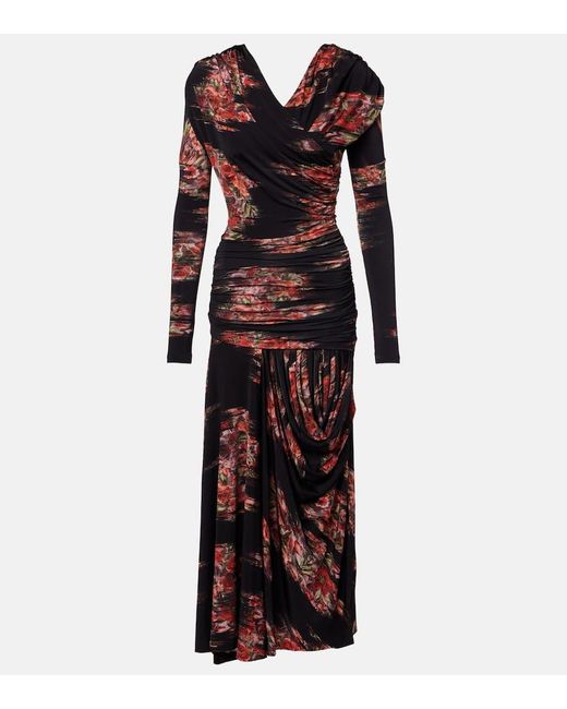 Ganni Red Floral Ruched Jersey Maxi Dress