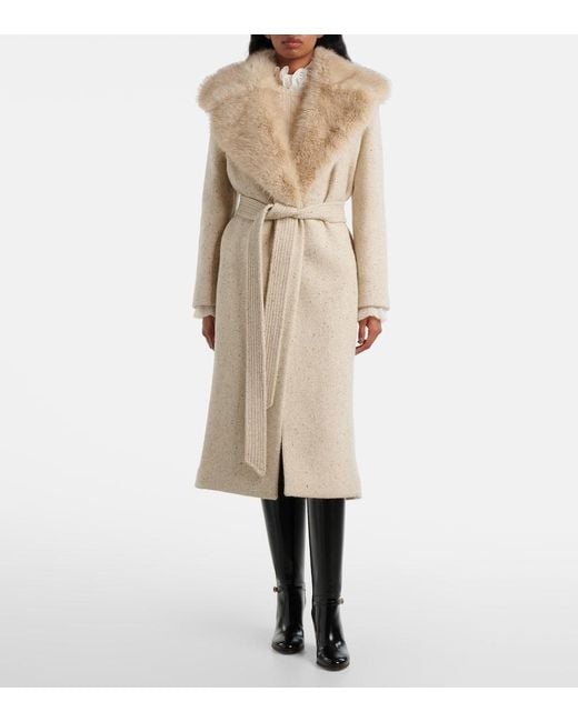 Valentino Natural Faux Fur-Trimmed Virgin Wool Wrap Coat