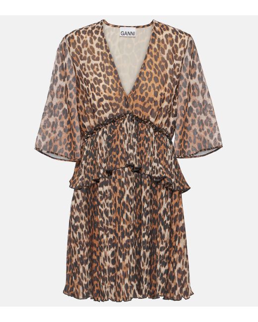 Ganni Brown Leopard-print Georgette Minidress
