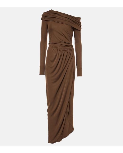Oscar de la Renta Brown Off-Shoulder Jersey Gown