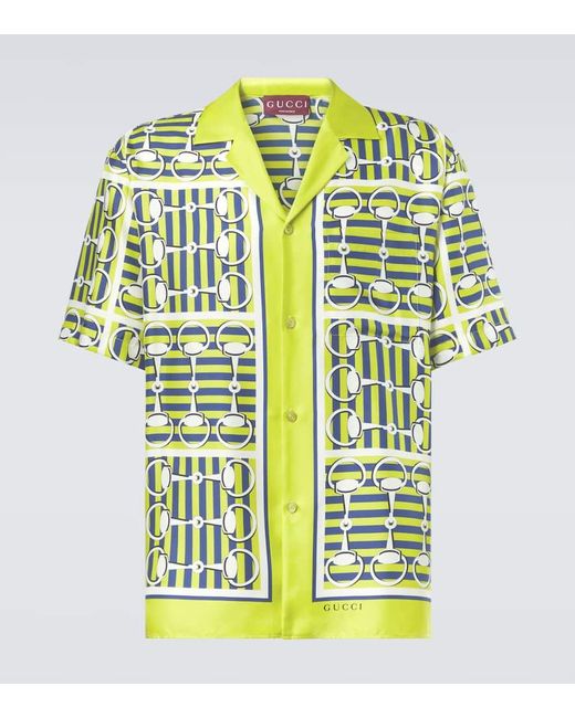 Gucci Green Printed Silk Twill Bowling Shirt for men