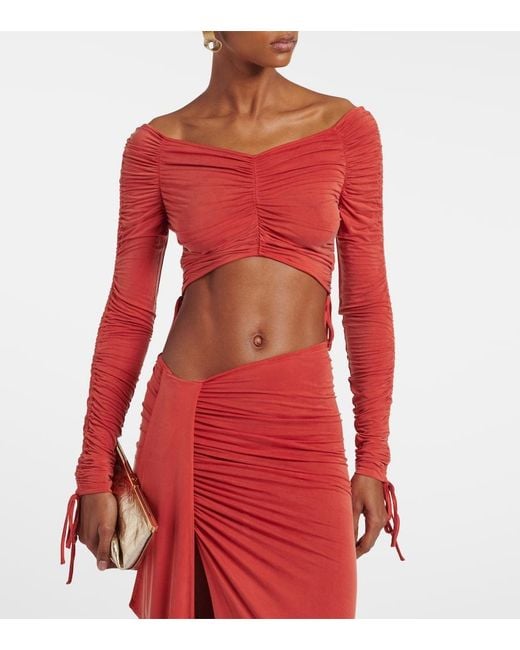 Balmain Red Ruched Jersey Crop Top