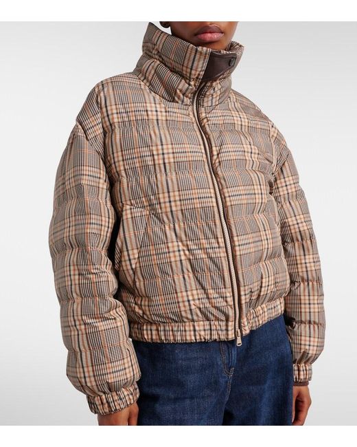 Brunello Cucinelli Brown Checked Leather-Trimmed Down Jacket