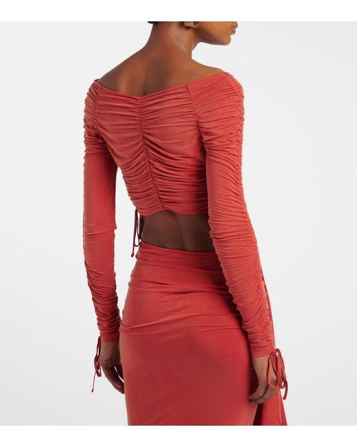 Balmain Red Ruched Jersey Crop Top