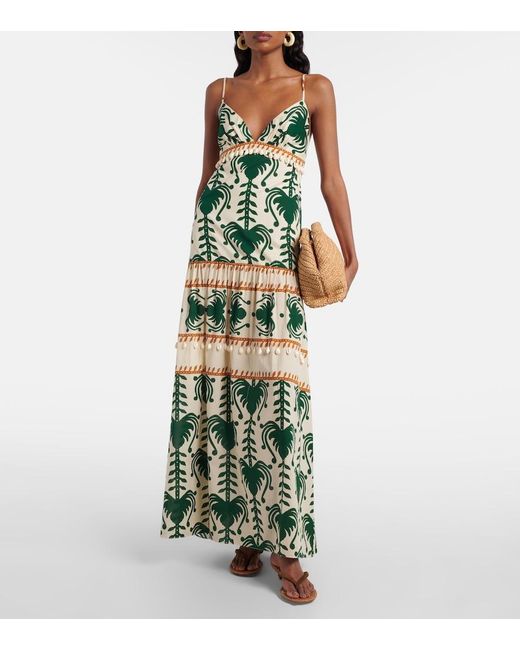 Johanna Ortiz Green Printed Cotton Poplin Maxi Dress