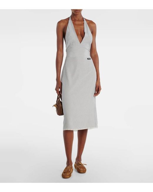 Miu Miu White Striped Silk Crepe De Chine Midi Dress