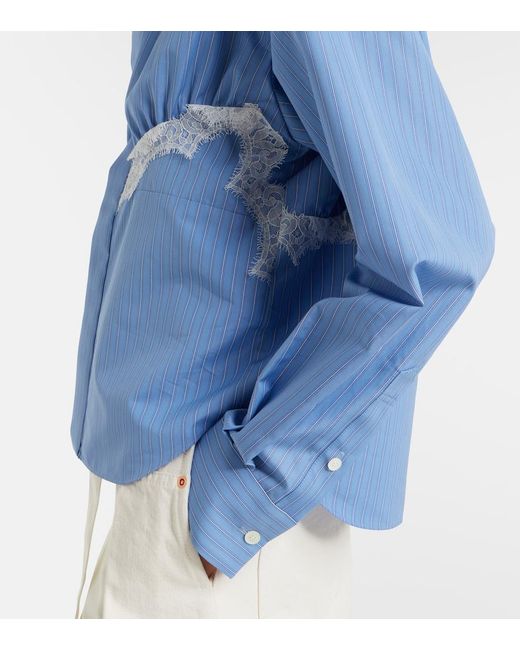 Sacai Blue Lace-Trimmed Striped Cotton-Blend Poplin Shirt
