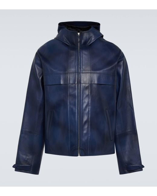 Berluti Blue Hooded Leather Jacket for men