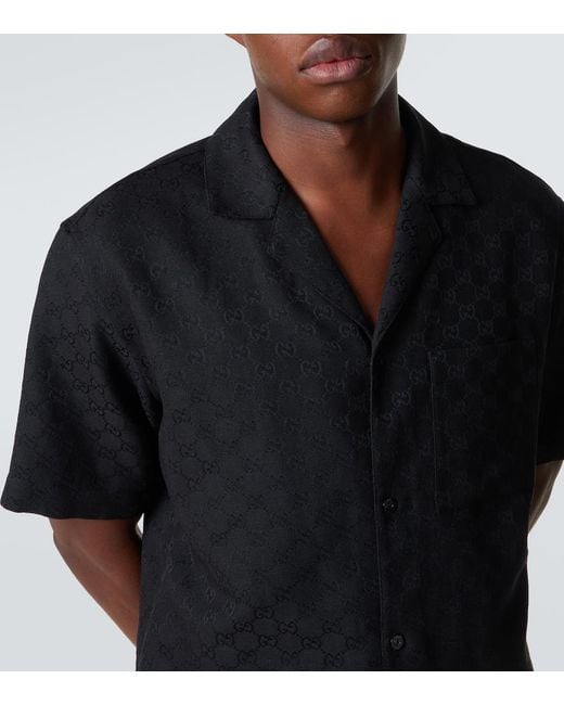 Gucci Black Gg Canvas Linen-Blend Bowling Shirt for men
