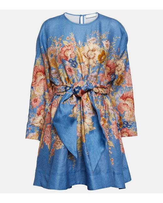 Zimmermann Blue + Net Sustain August Belted Floral-print Linen Mini Dress